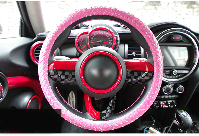 Fashion Hand-Woven Genuine Leather Auto Steering Wheel Covers 15 inch 38CM - Pink