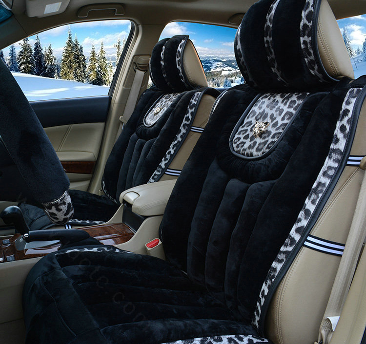 Fashion Leopard Car Seat Cushion Universal Plush Auto Covers 12pcs Sets - Black