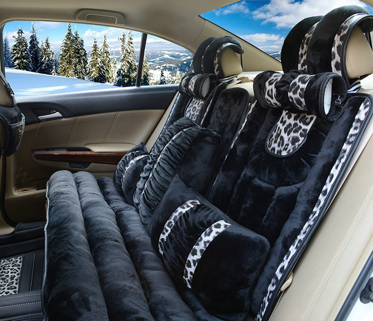 Fashion Leopard Car Seat Cushion Universal Plush Auto Covers 12pcs Sets - Black