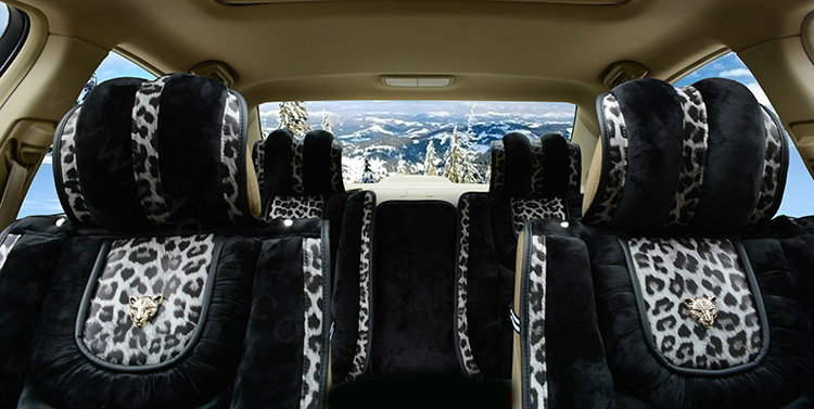 Fashion Leopard Car Seat Cushion Universal Plush Auto Covers 12pcs Sets - Black