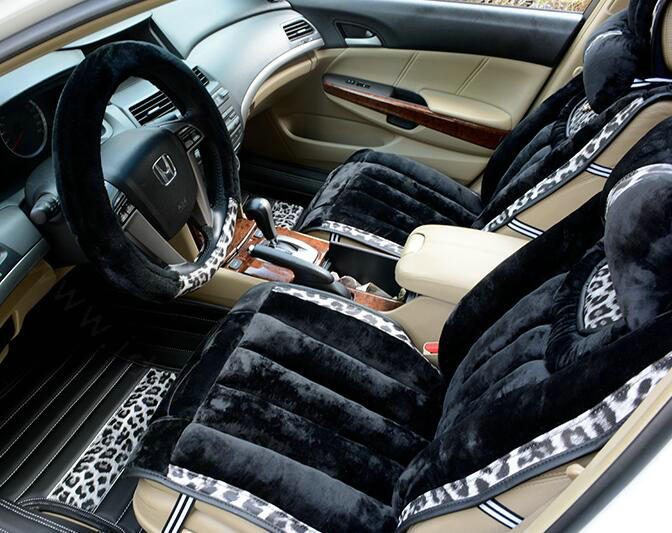 Fashion Leopard Car Seat Cushion Universal Plush Auto Covers 12pcs Sets - Black