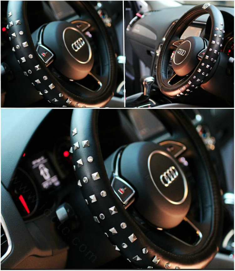 Fashion Punk Rivets PU Leather Car Steering Wheel Covers Universal 15 inch 38CM - Black
