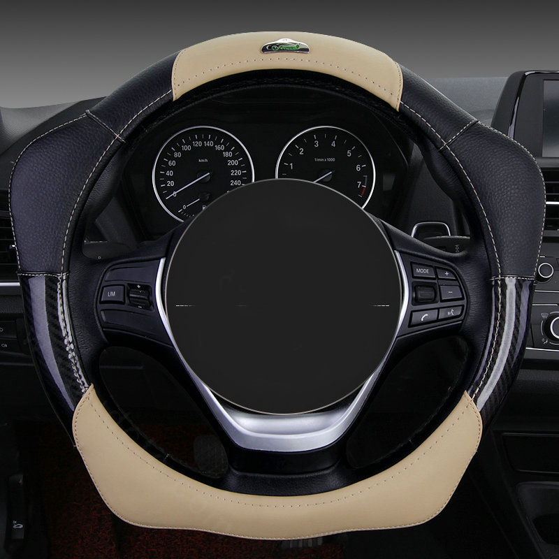 Fashion With Logo Sports Auto Steering Wheel Covers Genuine Leather 15 inch 38CM - Beige Black