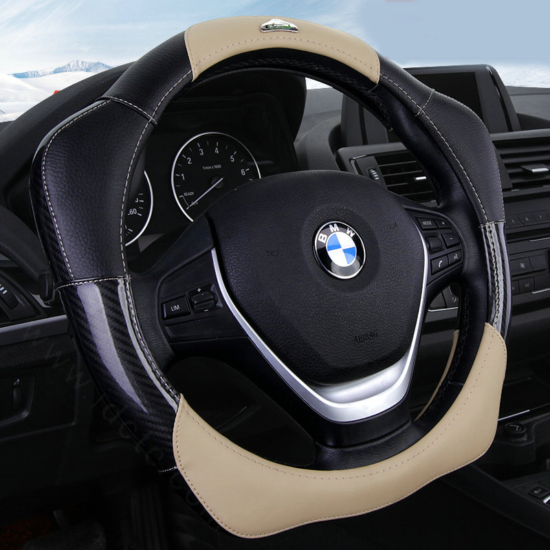Fashion With Logo Sports Auto Steering Wheel Covers Genuine Leather 15 inch 38CM - Beige Black