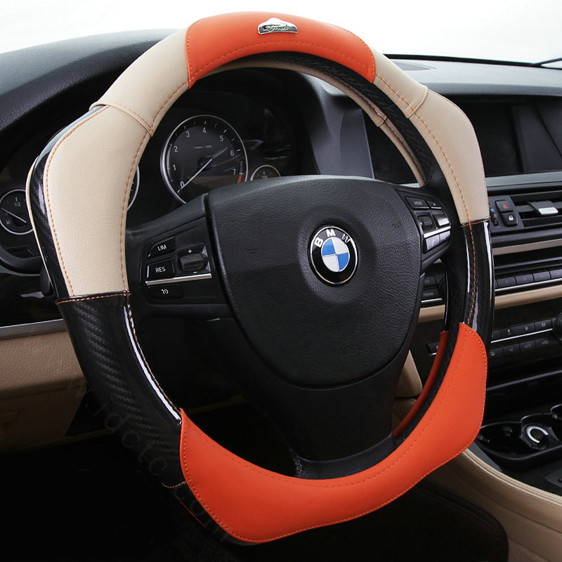 Fashion With Logo Sports Auto Steering Wheel Covers Genuine Leather 15 inch 38CM - Beige Orange