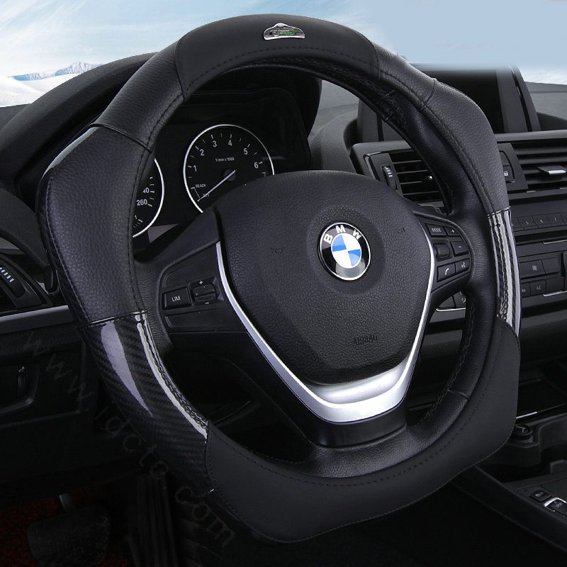 Fashion With Logo Sports Auto Steering Wheel Covers Genuine Leather 15 inch 38CM - Black