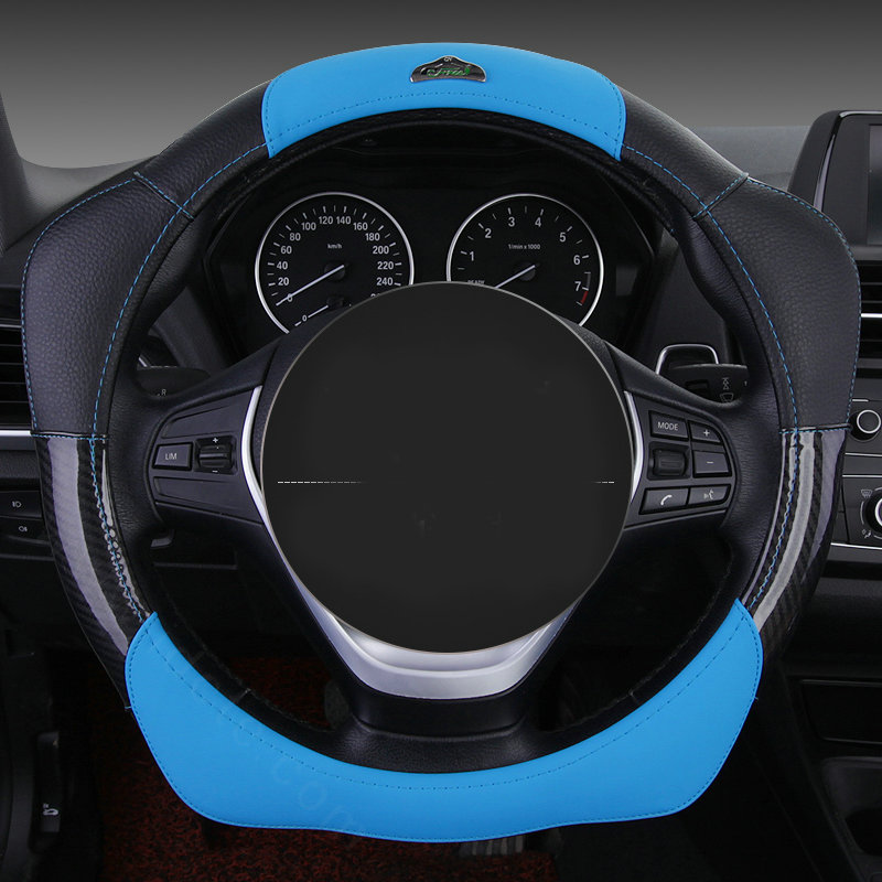Fashion With Logo Sports Auto Steering Wheel Covers Genuine Leather 15 inch 38CM - Blue Black