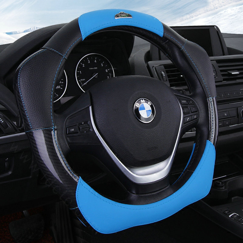 Fashion With Logo Sports Auto Steering Wheel Covers Genuine Leather 15 inch 38CM - Blue Black