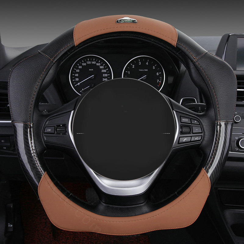 Fashion With Logo Sports Auto Steering Wheel Covers Genuine Leather 15 inch 38CM - Coffee Black