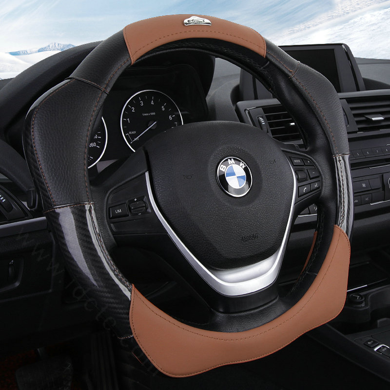 Fashion With Logo Sports Auto Steering Wheel Covers Genuine Leather 15 inch 38CM - Coffee Black