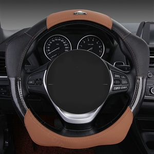 Fashion With Logo Sports Auto Steering Wheel Covers Genuine Leather 15 inch 38CM - Coffee Black