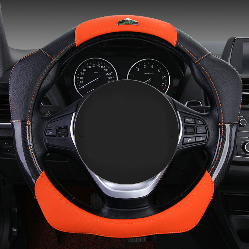 Fashion With Logo Sports Auto Steering Wheel Covers Genuine Leather 15 inch 38CM - Orange Black