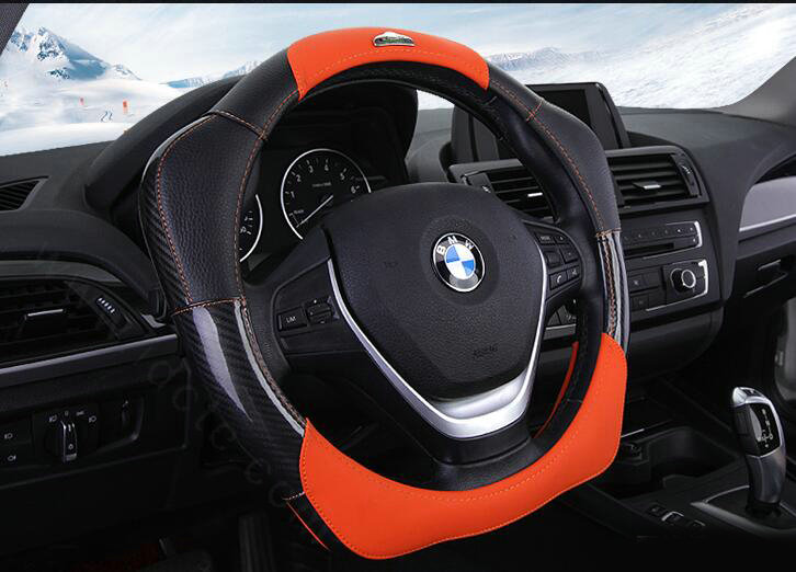 Fashion With Logo Sports Auto Steering Wheel Covers Genuine Leather 15 inch 38CM - Orange Black