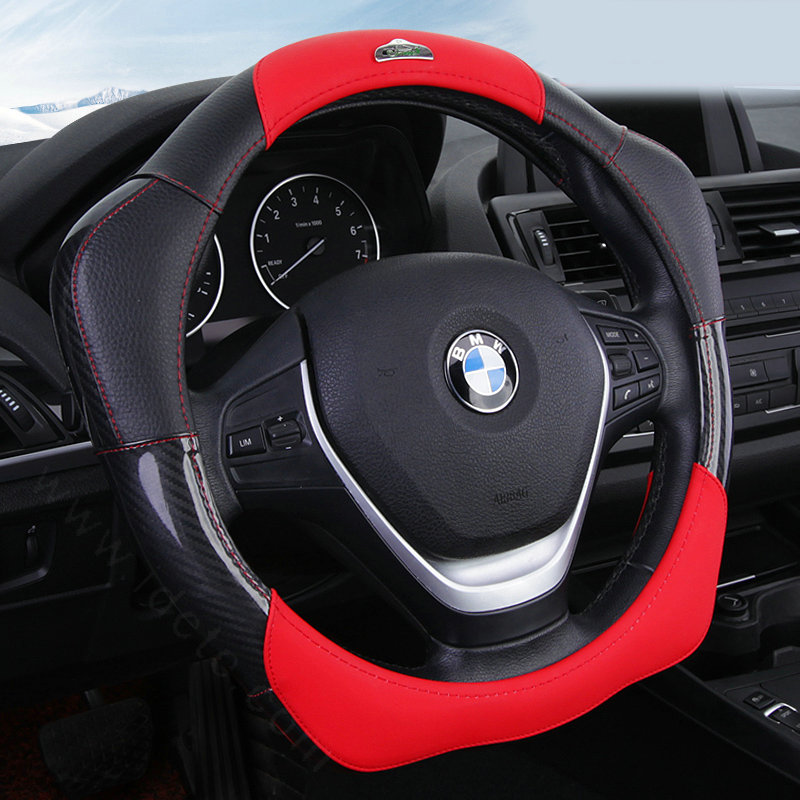 Fashion With Logo Sports Auto Steering Wheel Covers Genuine Leather 15 inch 38CM - Red Black