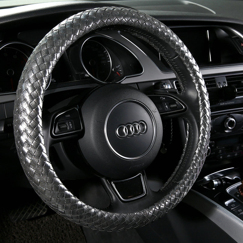 Fashion Women Glitter Braided PU Leather Car Steering Wheel Covers 15 inch 38CM - Black