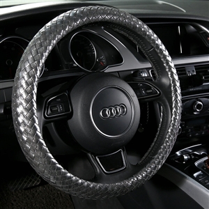 Fashion Women Glitter Braided PU Leather Car Steering Wheel Covers 15 inch 38CM - Black