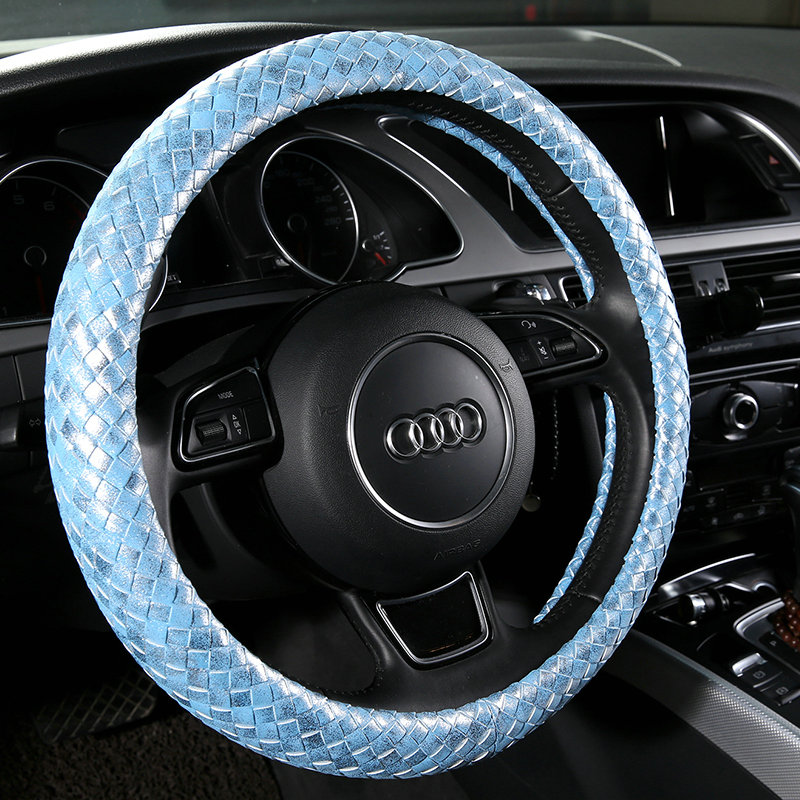 Fashion Women Glitter Braided PU Leather Car Steering Wheel Covers 15 inch 38CM - Blue