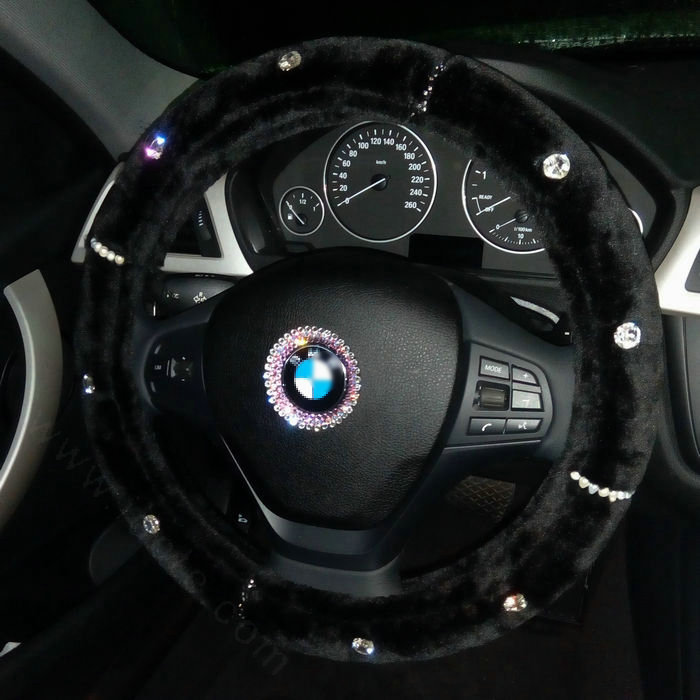 Fashion Women Pearl Rhinestone Plush Car Steering Wheel Covers 15 inch 38CM - Black