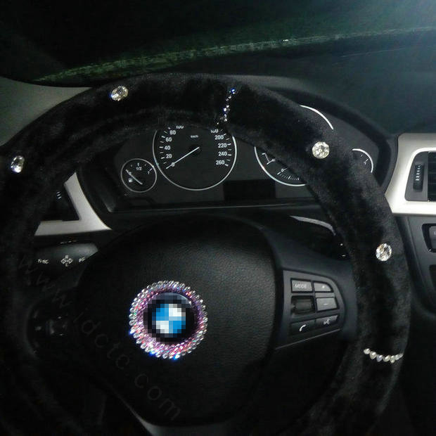 Fashion Women Pearl Rhinestone Plush Car Steering Wheel Covers 15 inch 38CM - Black
