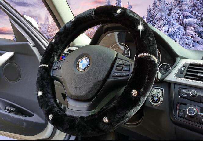 Fashion Women Pearl Rhinestone Plush Car Steering Wheel Covers 15 inch 38CM - Black