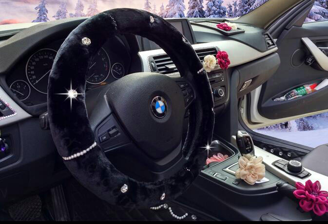 Fashion Women Pearl Rhinestone Plush Car Steering Wheel Covers 15 inch 38CM - Black
