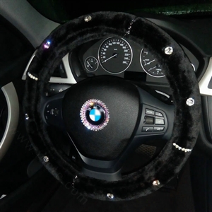 Fashion Women Pearl Rhinestone Plush Car Steering Wheel Covers 15 inch 38CM - Black