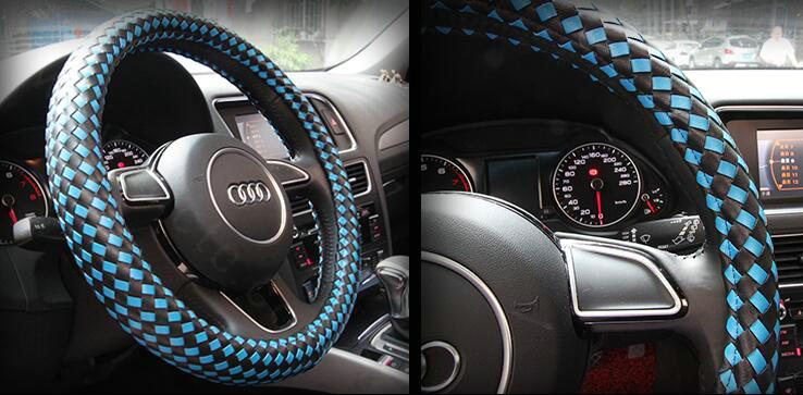 Fashion Woven Genuine Leather Car Steering Wheel Covers 15 inch 38CM - Blue Black