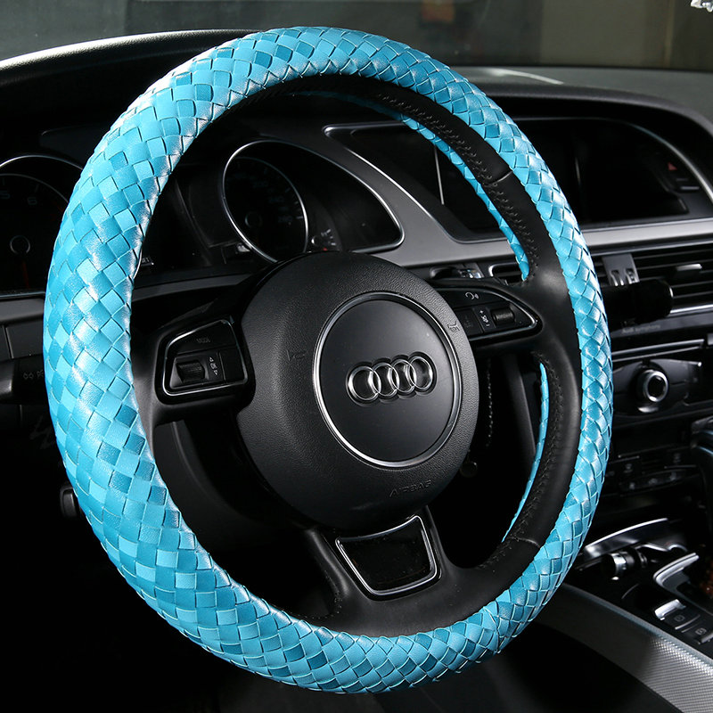 Fashion Woven Genuine Leather Car Steering Wheel Covers 15 inch 38CM - Blue
