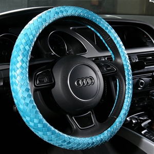 Fashion Woven Genuine Leather Car Steering Wheel Covers 15 inch 38CM - Blue