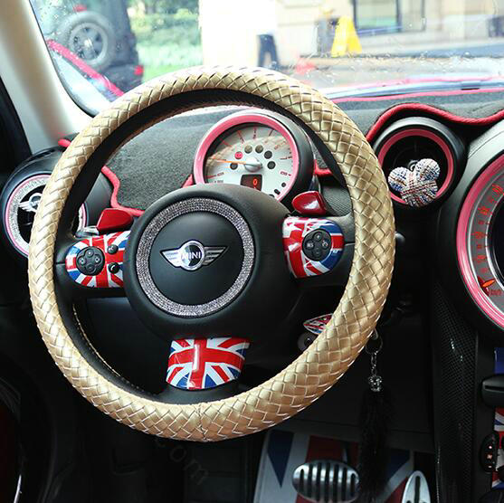 Fashion Woven Genuine Leather Car Steering Wheel Covers 15 inch 38CM - Gold