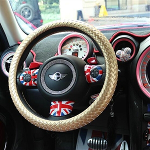 Fashion Woven Genuine Leather Car Steering Wheel Covers 15 inch 38CM - Gold
