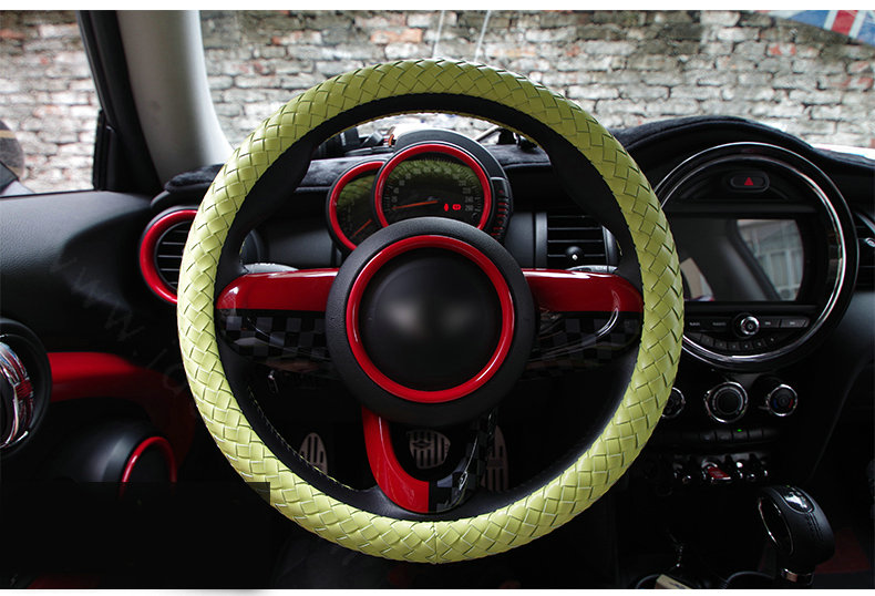 Fashion Woven Genuine Leather Car Steering Wheel Covers 15 inch 38CM - Light Green
