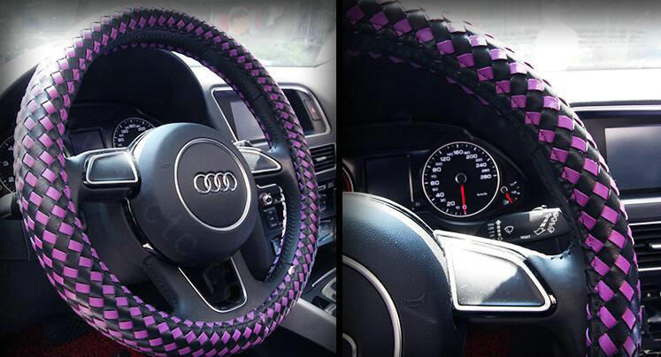 Fashion Woven Genuine Leather Car Steering Wheel Covers 15 inch 38CM - Purple Black