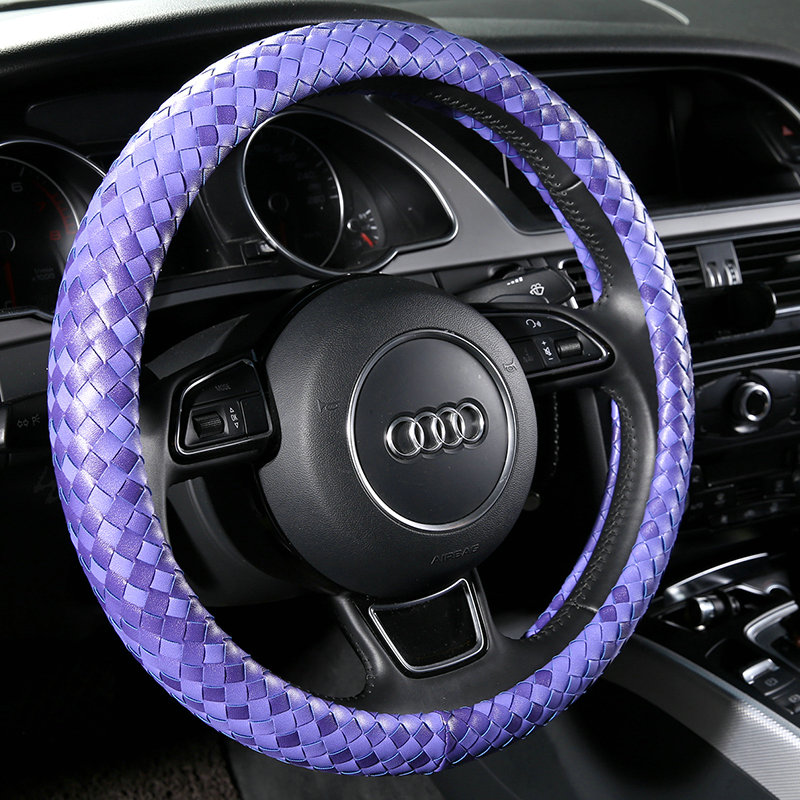 Fashion Woven Genuine Leather Car Steering Wheel Covers 15 inch 38CM - Purple