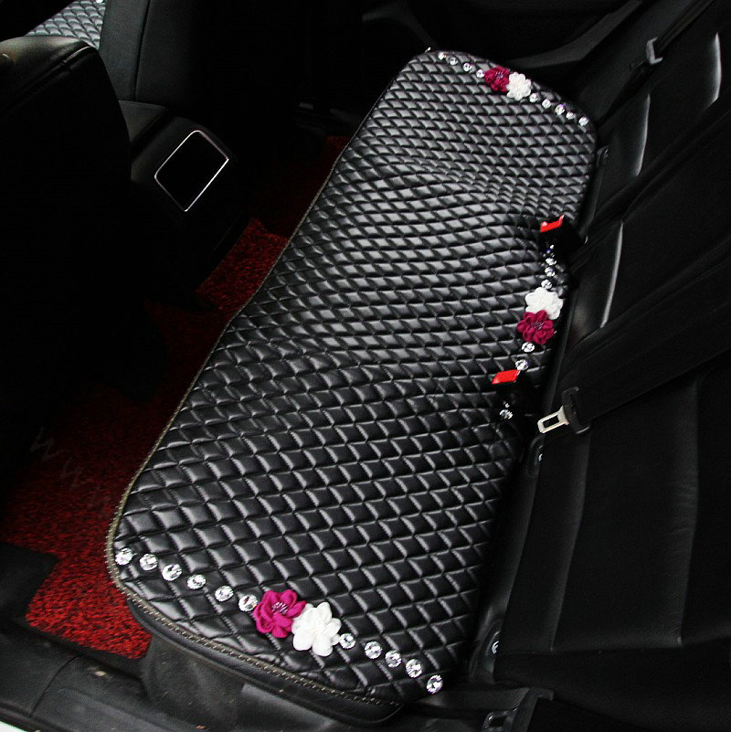 Flower Studded Crystal Leather Car Back Seat Cushion Woman Universal Pads 1pcs - Black