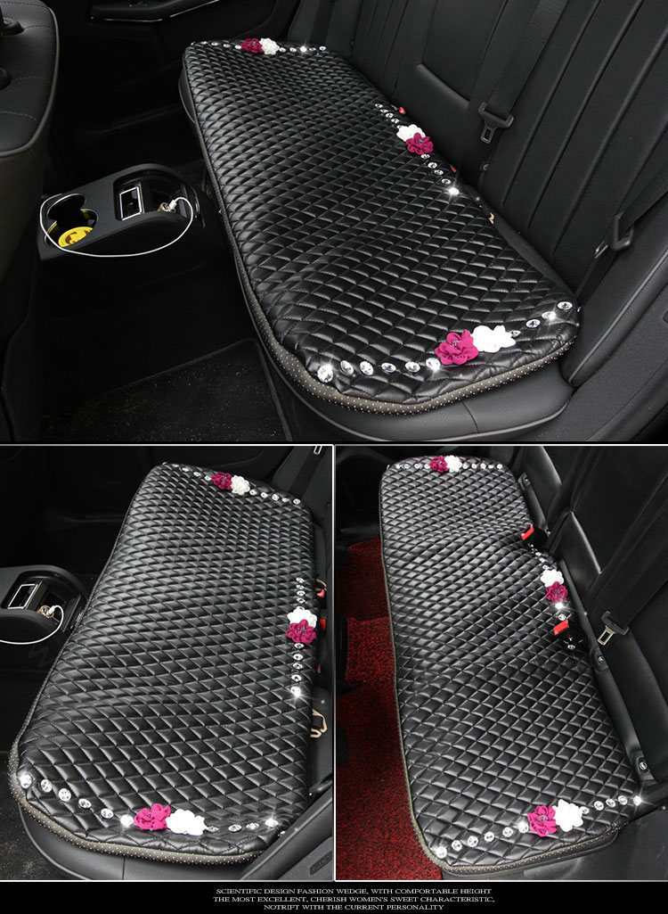 Flower Studded Crystal Leather Car Back Seat Cushion Woman Universal Pads 1pcs - Black