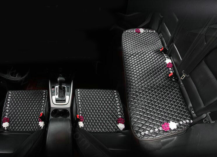Flower Studded Crystal Leather Car Back Seat Cushion Woman Universal Pads 1pcs - Black