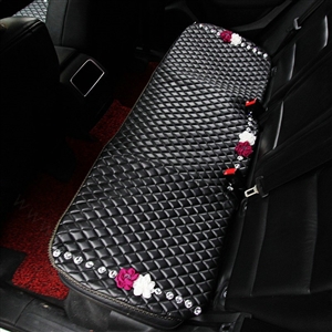 Flower Studded Crystal Leather Car Back Seat Cushion Woman Universal Pads 1pcs - Black