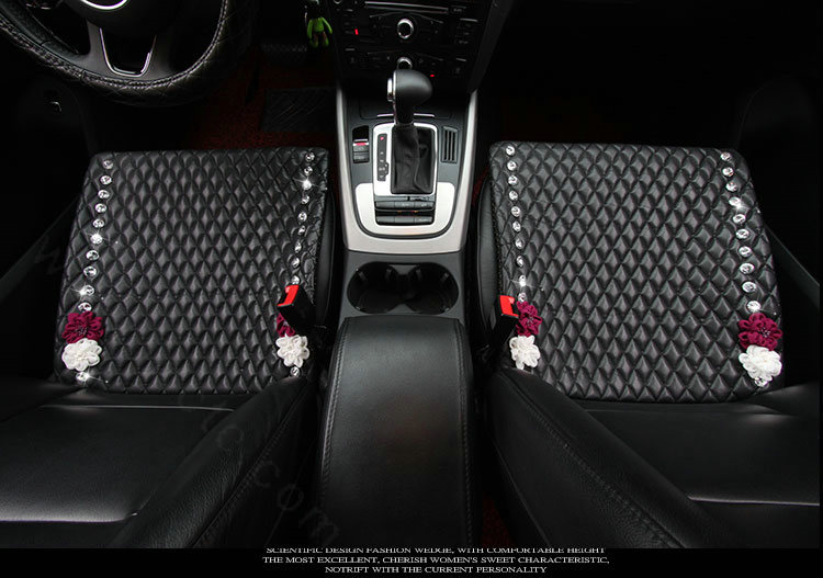 Flower Studded Crystal Leather Car Front Seat Cushion Woman Universal Pads 1pcs - Black