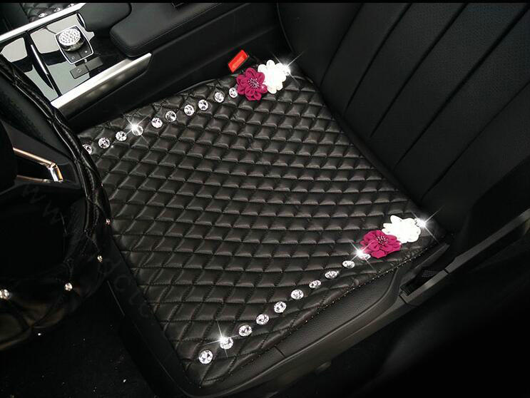 Flower Studded Crystal Leather Car Front Seat Cushion Woman Universal Pads 1pcs - Black
