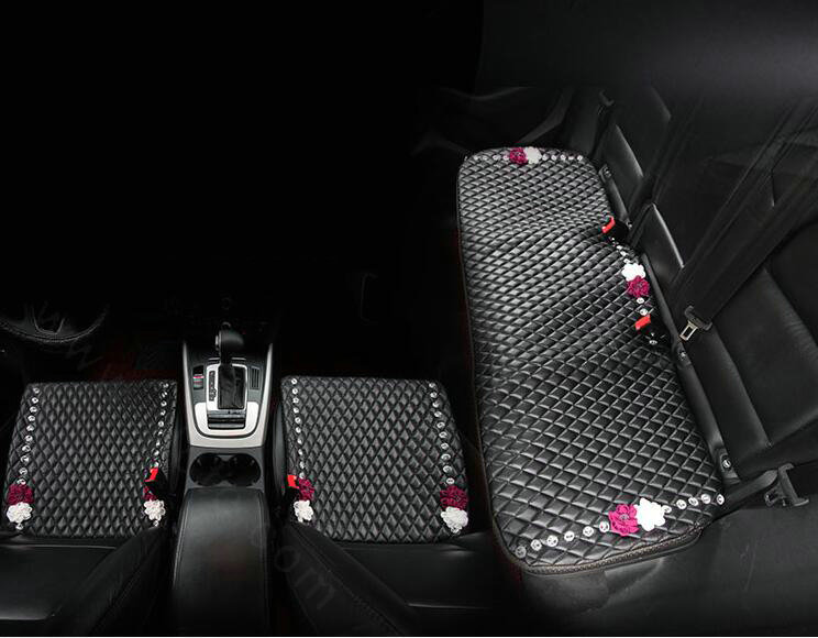 Flower Studded Crystal Leather Car Front Seat Cushion Woman Universal Pads 1pcs - Black