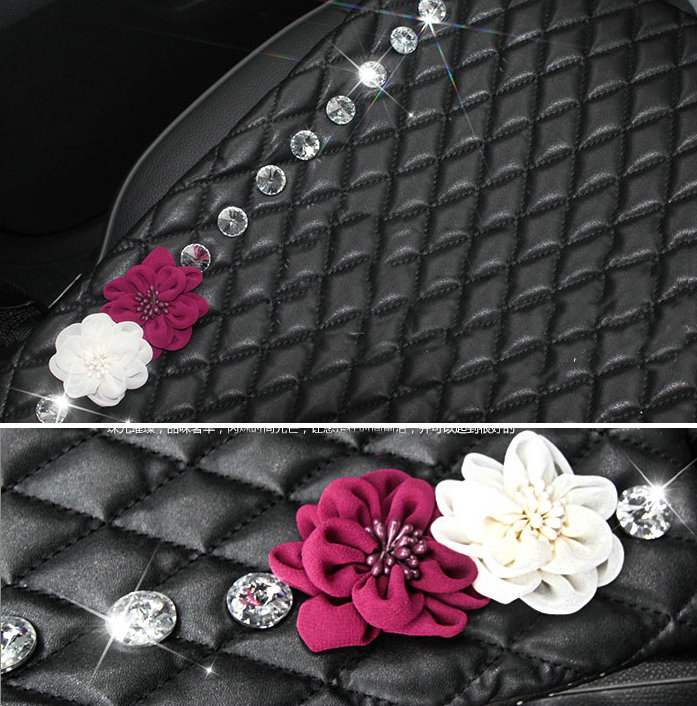 Flower Studded Crystal Leather Car Front Seat Cushion Woman Universal Pads 1pcs - Black