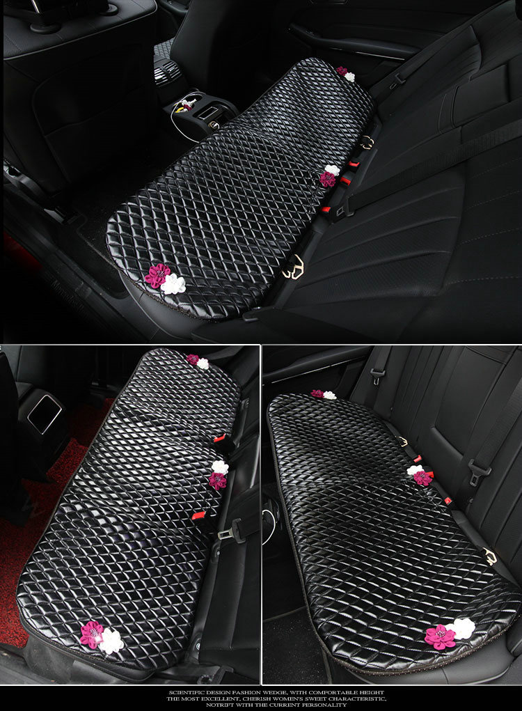 Flower Studded Leather Car Back Seat Cushion Woman Queen Style Universal Pads 1pcs - Black