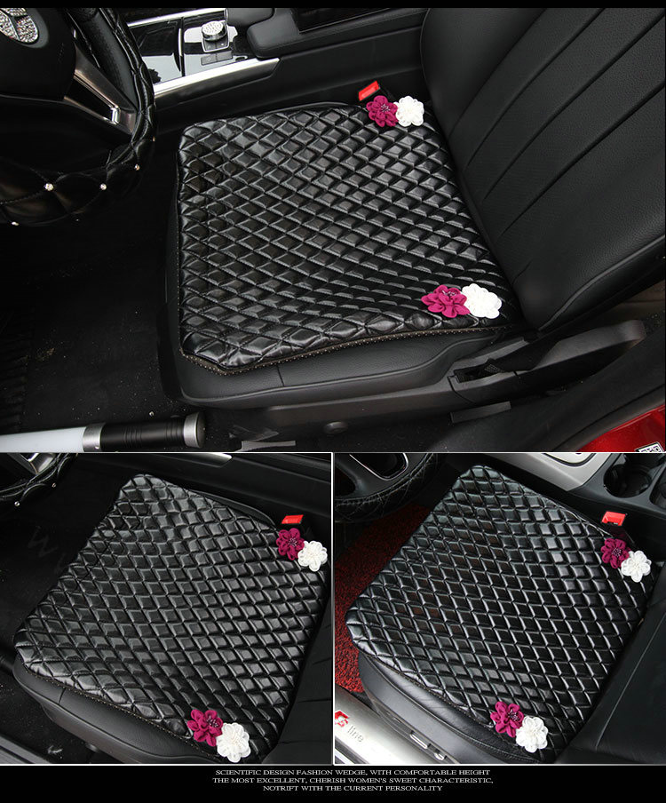 Flower Studded Leather Car Front Seat Cushion Woman Queen Style Universal Pads 1pcs - Black