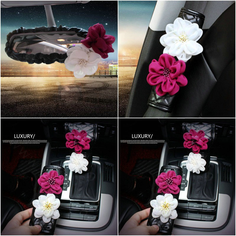 Gorgeous Flower Crystal Leather Rearview Mirror Cover Handbrake and Gear Cover 5pcs Sets - Black