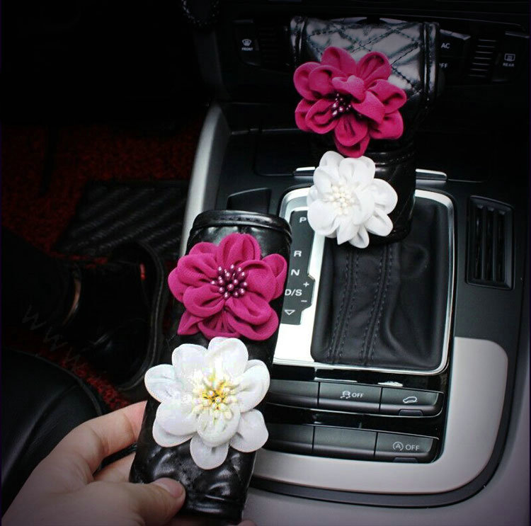Gorgeous Flower Crystal Leather Rearview Mirror Cover Handbrake and Gear Cover 5pcs Sets - Black