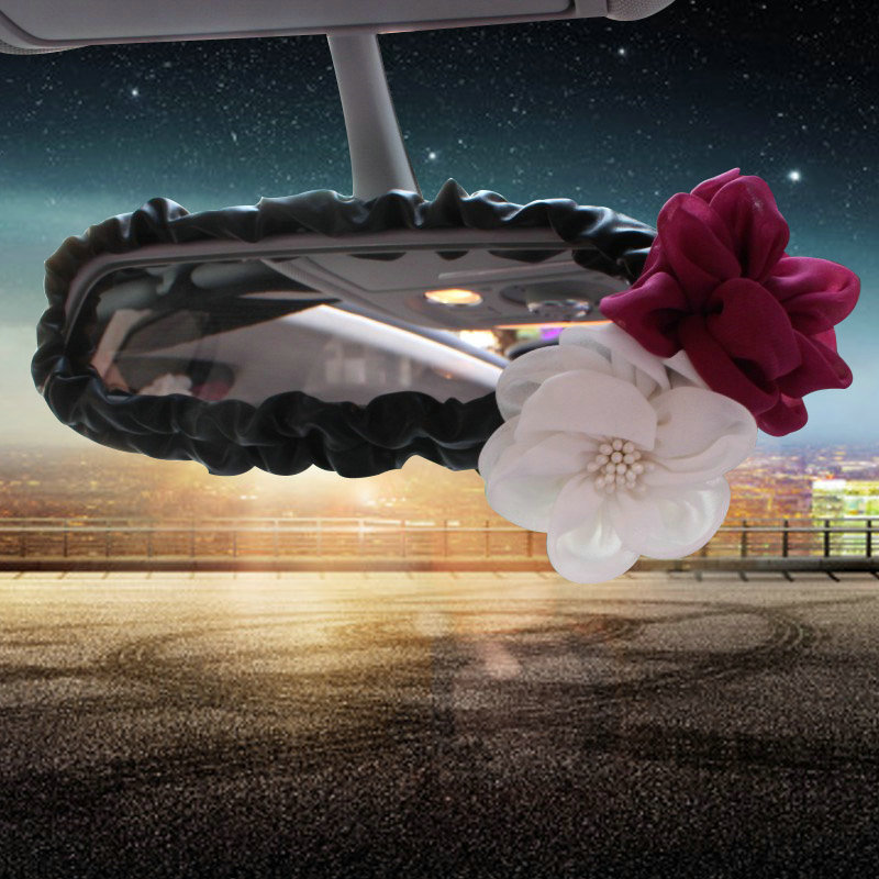 Gorgeous Flower Crystal Leather Rearview Mirror Cover Handbrake and Gear Cover 5pcs Sets - Black