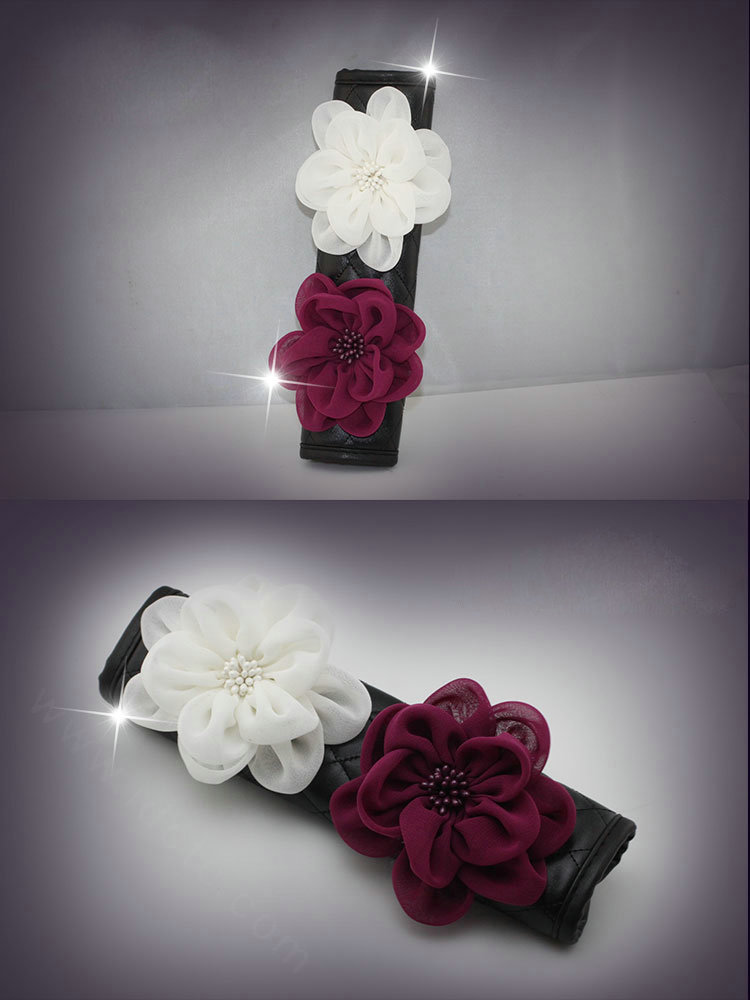 Gorgeous Flower Crystal Leather Rearview Mirror Cover Handbrake and Gear Cover 5pcs Sets - Black