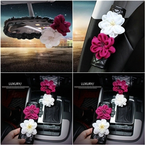 Gorgeous Flower Crystal Leather Rearview Mirror Cover Handbrake and Gear Cover 5pcs Sets - Black