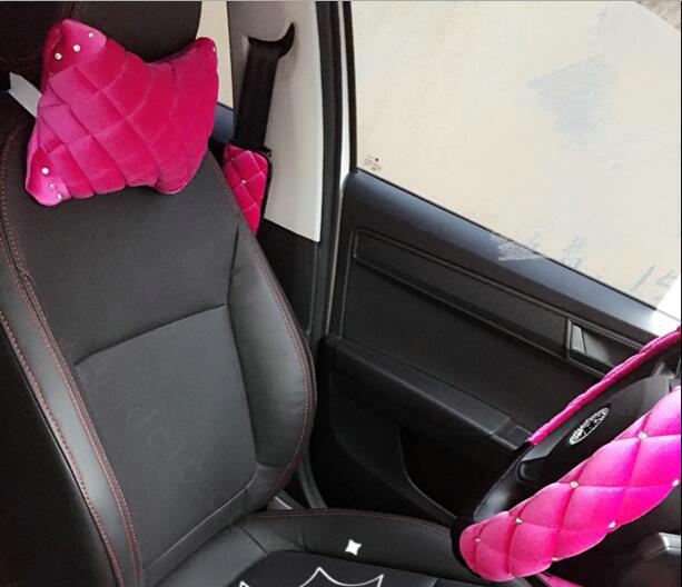 High Quality Diamond Car Neck Pillows Headrest Soft Plush Auto Interior Decoration 1pcs - Rose